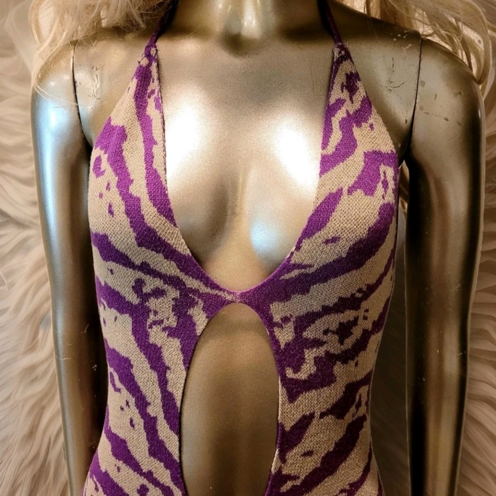 NWT Zebra Print Halter Neck Cut Out Tie Back Bodycon Knit Maxi Dress Sz M - Picture 5 of 13